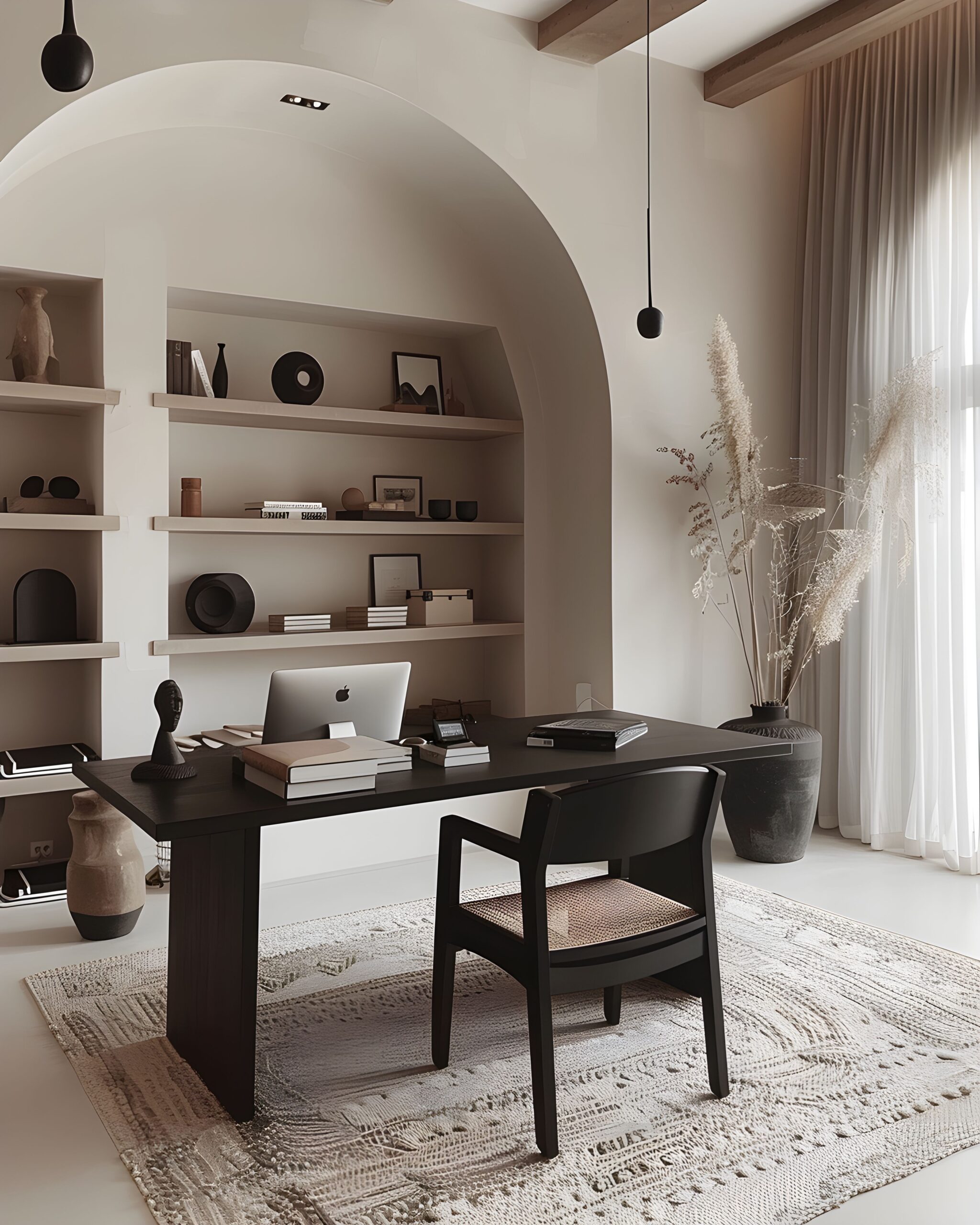 Interior designer reviewing project scope documents and contracts at desk, professional workspace with organized systems and clear brand material