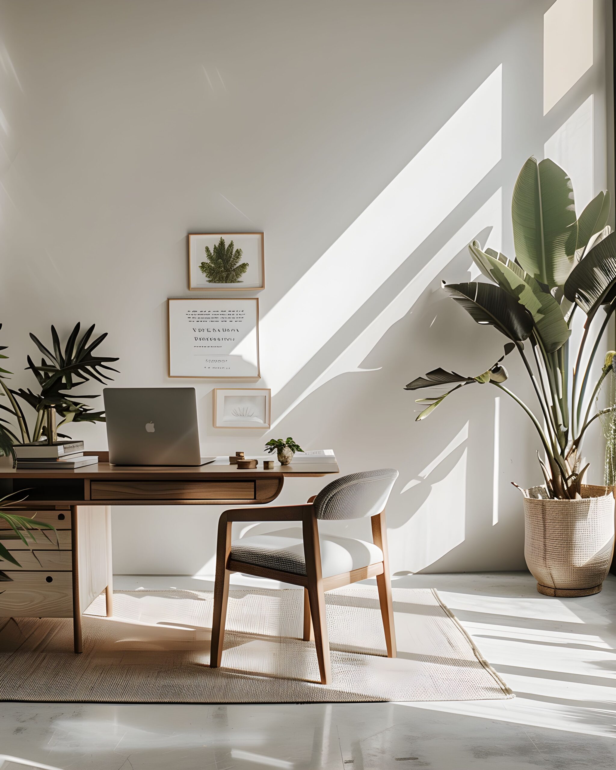 “Interior designer using branded CRM workflow on laptop surrounded by client design samples.”